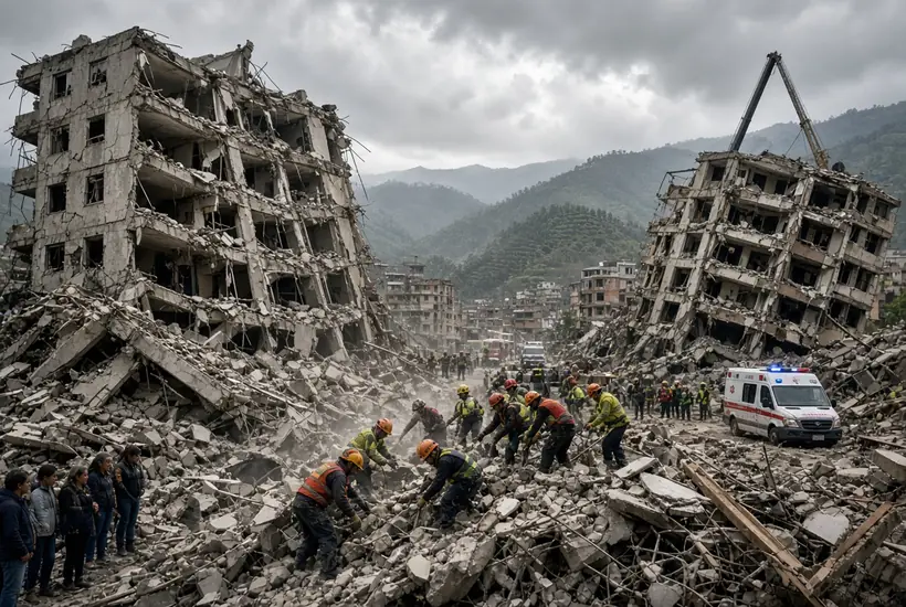 Rescue workers in helmets dig through collapsed building rubble during Colombia earthquake aftermath in Pereira and Cali with emergency vehicles and damaged structures in background