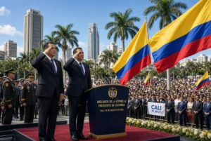 Abelardo de la Espriella and vice president performing military salute at Colombia president inauguration in Cali with Colombian flags crowd and tropical city skyline