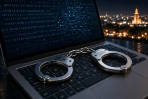 Silver police handcuffs on laptop keyboard with glowing binary code, representing NCCIA cybercrime gang Lahore arrest
