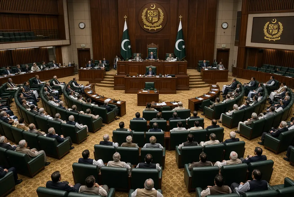 Interior view of Pakistan National Assembly during session where lawmakers passed the Defence Forces Act and National Command Authority amendments