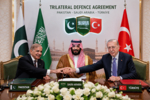 Pakistan, Saudi Arabia and Turkiye leaders during a trilateral defence pact meeting