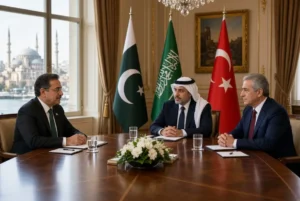 Officials from Pakistan Saudi Arabia and Turkiye during Defence Pact Meeting in elegant Istanbul conference room