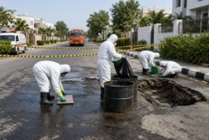 Workers in protective gear cleaning up DHA oil spill and collecting crude oil into drums after pipeline rupture in Karachi