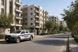 Police vehicle parked on a calm residential street in DHA Karachi during DHA Scuffle investigation
