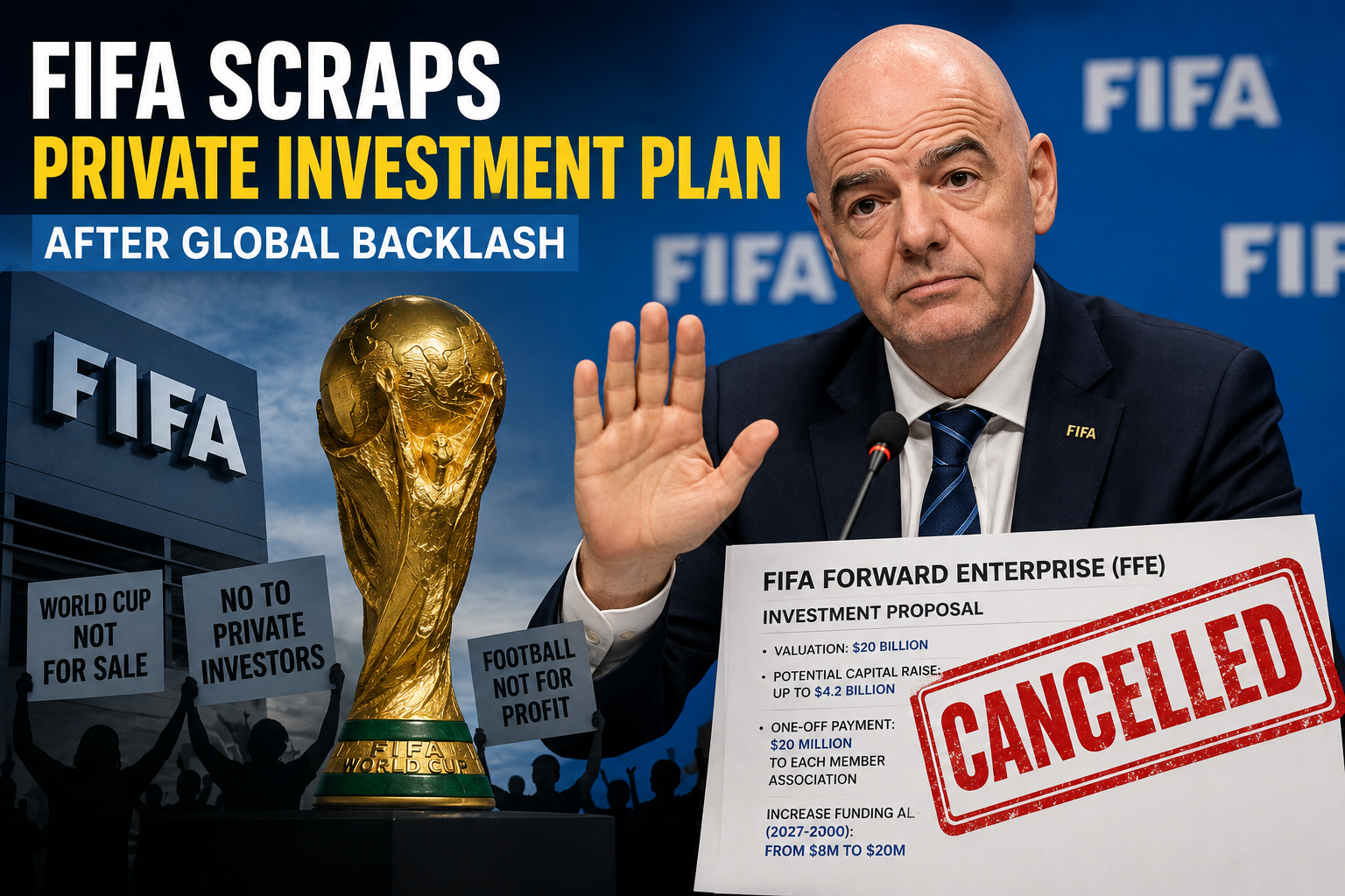 FIFA investment proposal cancelled after worldwide backlash over plans to allow private investment in World Cup commercial rights.