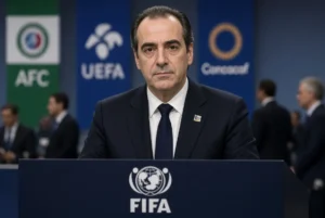 FIFA President at podium during press conference on FIFA World Cup plan with AFC UEFA and Concacaf banners in the background