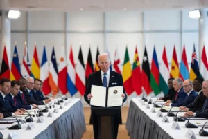 Official holding charter document during formal signing of Gaza ceasefire plan at international conference