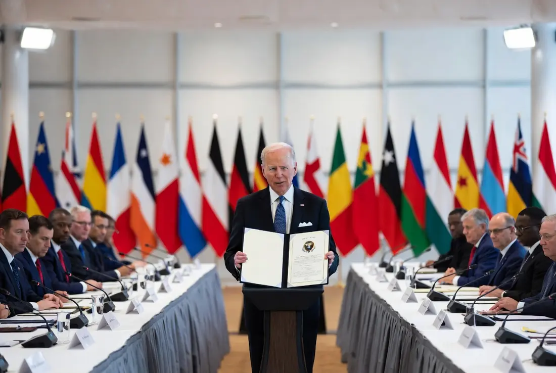 Official holding charter document during formal signing of Gaza ceasefire plan at international conference