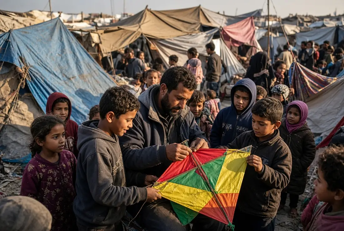 Palestinian man and children carefully assembling a bright multicolored kite inside a crowded tent camp for displaced people during the Gaza kite warning situation