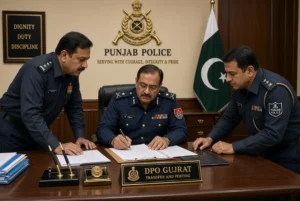 Senior Punjab Police officers discuss official documents during Gujrat DPO Transfer at district police office