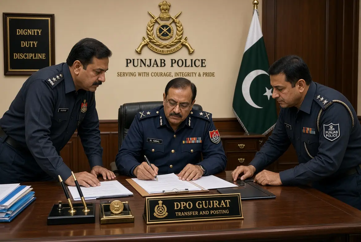 Senior Punjab Police officers discuss official documents during Gujrat DPO Transfer at district police office