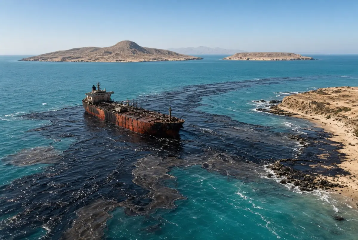 Aerial view of Gulf oil spill with damaged tanker leaking black crude oil into turquoise water near Iranian islands and coastline
