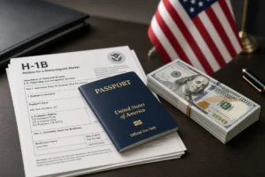 H-1B visa application form with US passport and stack of 100 dollar bills illustrating the new H-1B visa fee
