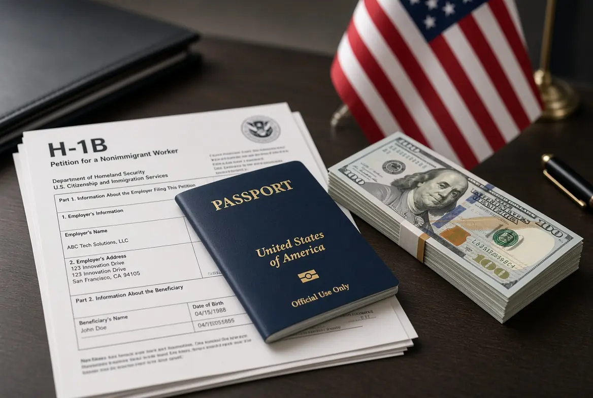 H-1B visa application form with US passport and stack of 100 dollar bills illustrating the new H-1B visa fee