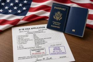 H-1B visas application form placed with US passport and American flag on wooden desk