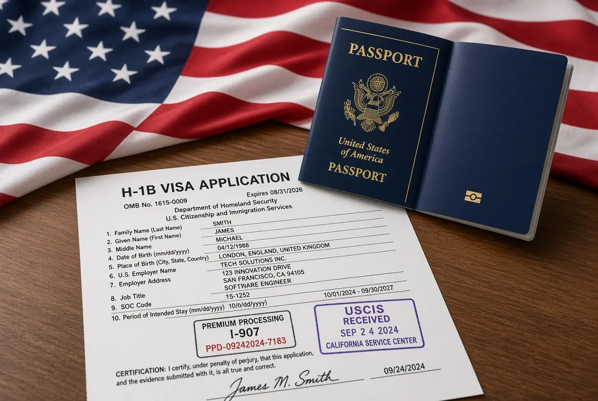 H-1B visas application form placed with US passport and American flag on wooden desk