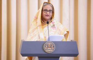 Sheikh Hasina during a public address as Bangladesh seeks clarification from India over the planned Hasina Delhi speech.