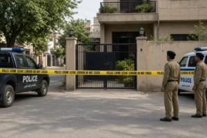 Police officers and crime scene tape outside a house during Hina Javed murder investigation in Rawalpindi