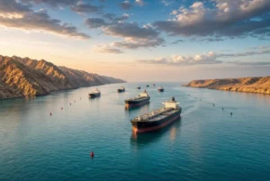 Oil tankers sailing safely through the temporary Hormuz corridor in the Strait of Hormuz with clear turquoise waters and surrounding mountains