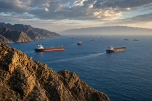 Oil tankers and cargo ships navigating the Strait of Hormuz during the Hormuz shipping crisis, viewed from the rocky Musandam Oman coastline under dramatic clouds
