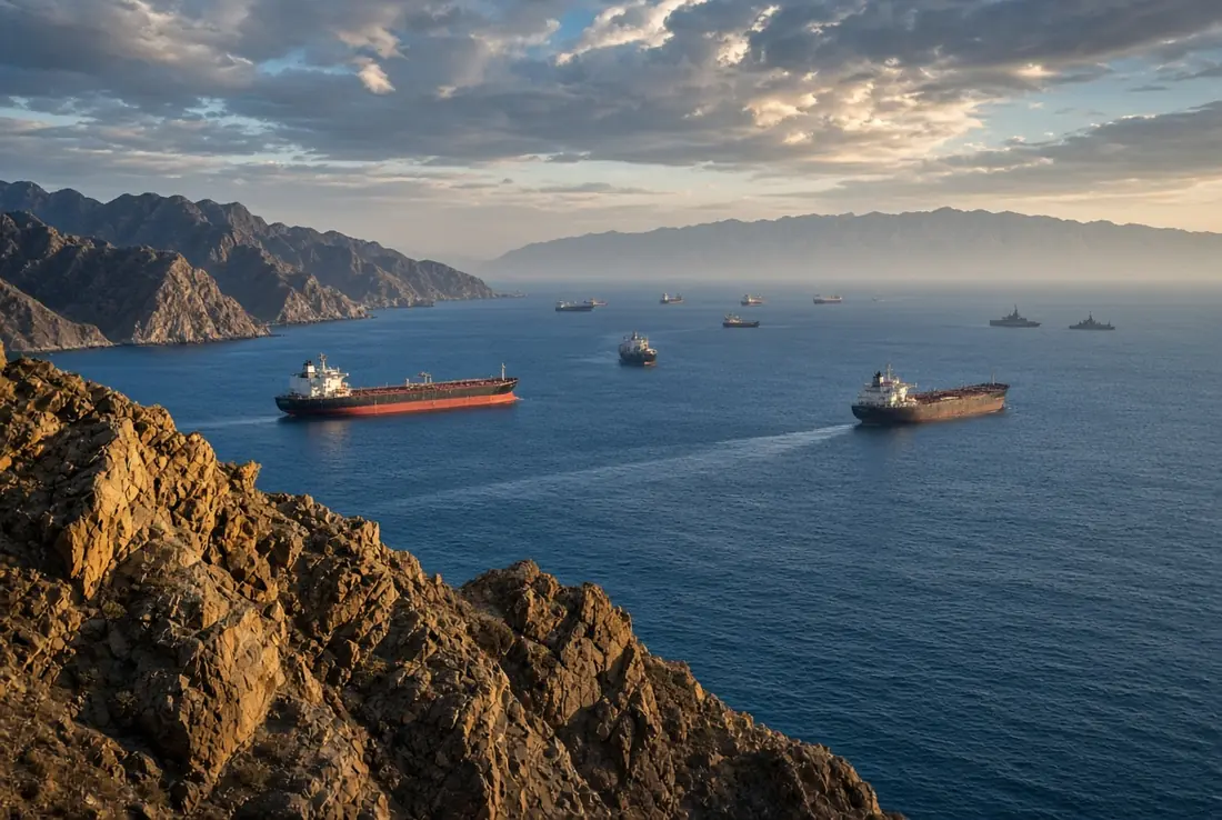 Oil tankers and cargo ships navigating the Strait of Hormuz during the Hormuz shipping crisis, viewed from the rocky Musandam Oman coastline under dramatic clouds