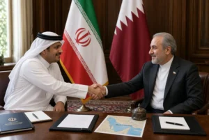 Qatari Prime Minister and Iranian Parliament Speaker shake hands during Hormuz Talks in Tehran with national flags and a Strait of Hormuz map on the table.