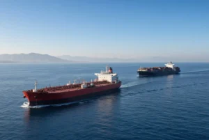 Large oil tanker and container ship sailing through the Strait of Hormuz amid Iran’s Hormuz tanker threat