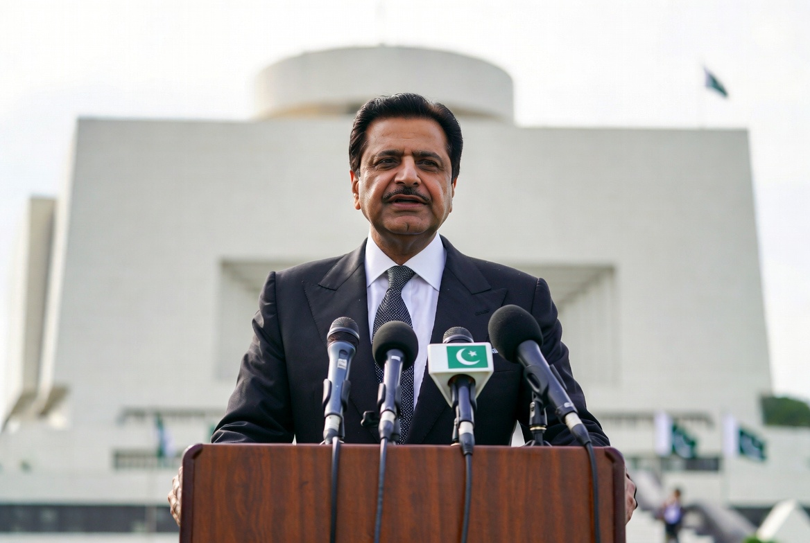 Defence Minister Khawaja Asif speaking about hybrid system at podium with National Assembly building in background Islamabad