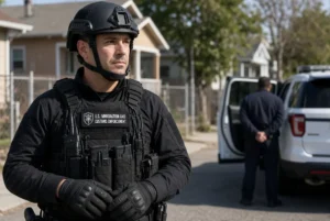 ICE officer in tactical gear wearing specialized gloves during an arrest operation linked to ICE shock gloves procurement