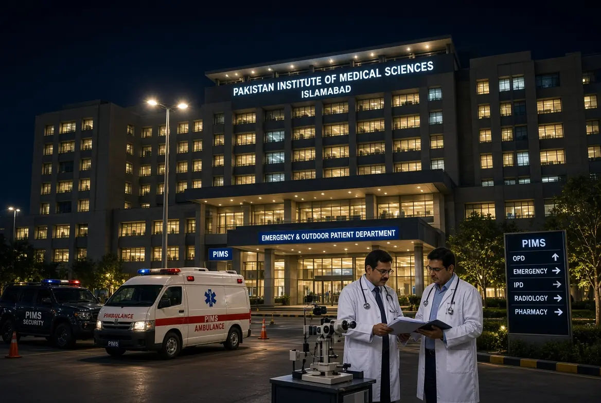 PIMS hospital building at night with ambulance and two doctors reviewing reports during Imran Khan health examination in Islamabad