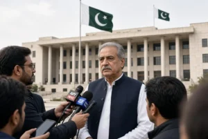 Adviser Rana Sanaullah speaking to media outside Parliament House regarding no deadline for Imran Khan hospital transfer while awaiting Supreme Court review plea