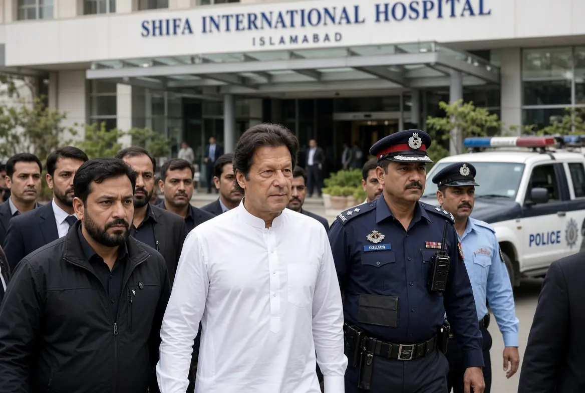 Imran Khan walking with police and security personnel outside Shifa International Hospital in Islamabad after medical examination before returning to Adiala jail