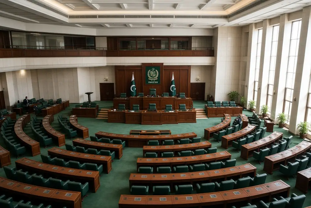 Interior view of the Pakistan Senate chamber during discussions related to Imran Khan Pims hospital transfer