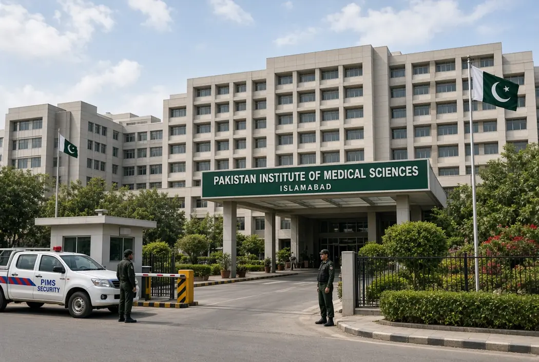 Exterior view of Pakistan Institute of Medical Sciences with security during Imran Khan Pims transfer in Islamabad