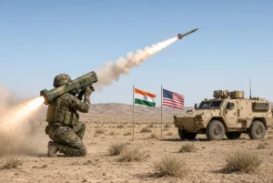 Soldier firing Javelin anti-tank missile during live exercise with India and US flags under India Javelin deal agreement