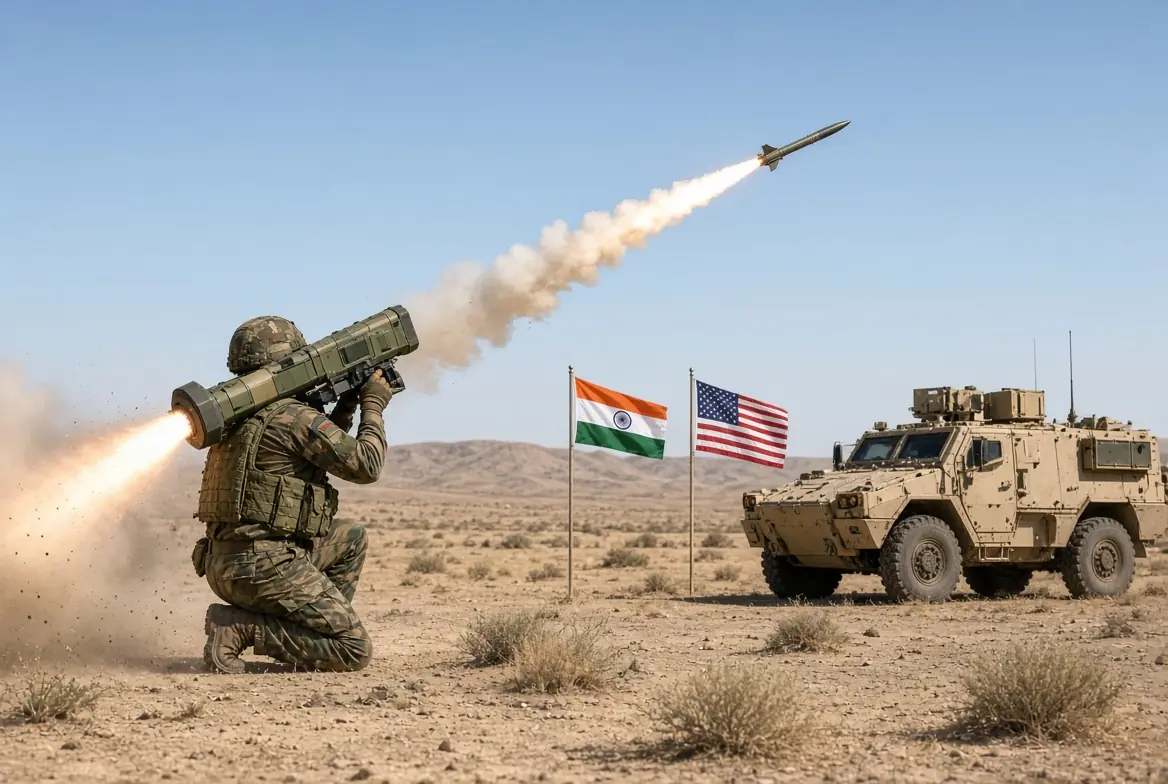 Soldier firing Javelin anti-tank missile during live exercise with India and US flags under India Javelin deal agreement