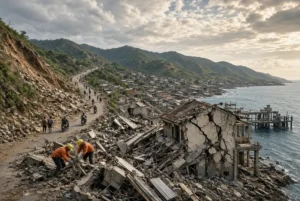Rescuers searching debris of collapsed buildings after Indonesia earthquake on Flores island with people evacuating along coastal road and landslides visible
