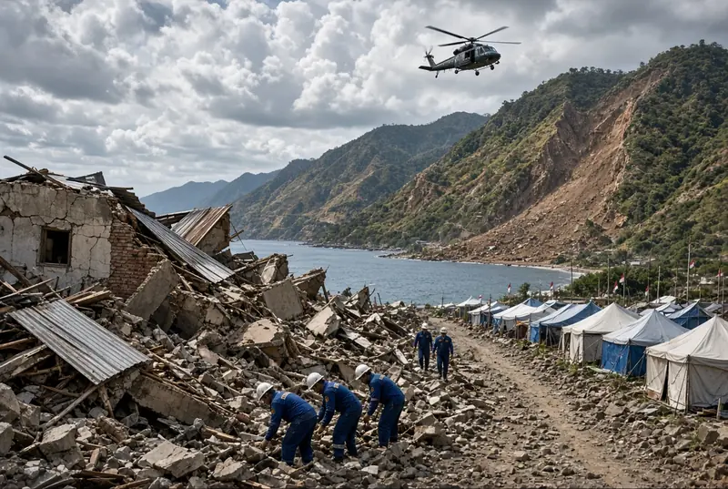 Rescue teams in blue uniforms search through rubble after Indonesia earthquake in coastal village with helicopter monitoring and emergency tents