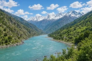Beautiful high-quality landscape view of the Indus River flowing through lush green Himalayan valleys with snow-capped mountains under a clear blue sky representing the Indus Waters Treaty