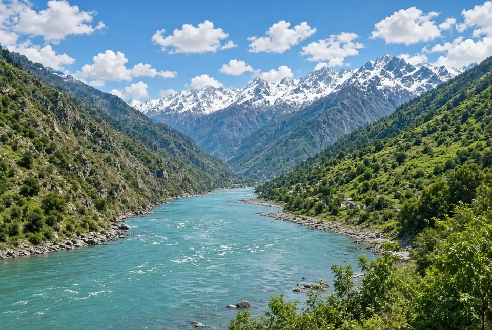 Beautiful high-quality landscape view of the Indus River flowing through lush green Himalayan valleys with snow-capped mountains under a clear blue sky representing the Indus Waters Treaty