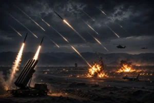 Ballistic missiles launching and explosions at a military air base during Iran attacks Jordan in retaliation against US forces