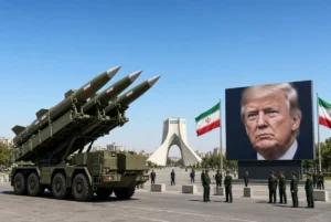 Iranian ballistic missile launcher displayed next to large Trump portrait banner at Azadi Square Tehran during Iran trade drop and economic pressure