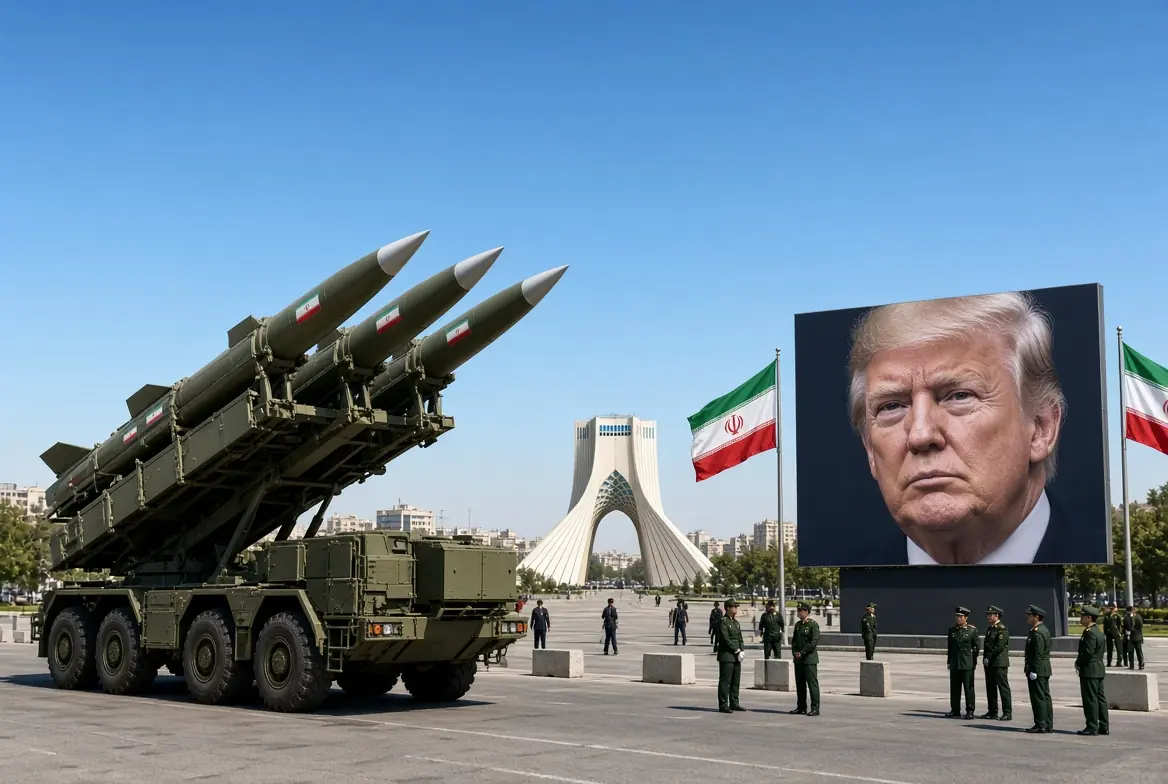 Iranian ballistic missile launcher displayed next to large Trump portrait banner at Azadi Square Tehran during Iran trade drop and economic pressure