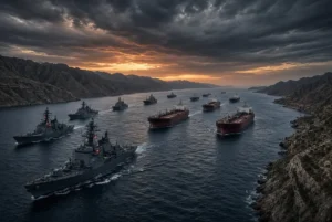 High-quality landscape view of US warships and oil tankers in the Strait of Hormuz during Iran US blockade tensions