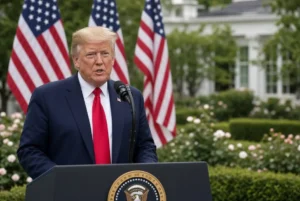 President Donald Trump speaking at the White House Rose Garden podium as Iran war support drops in latest poll
