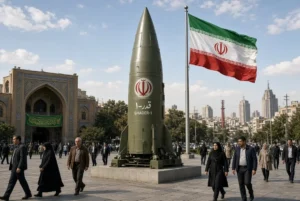 People walking past a large green symbolic Iranian Ghader-1 missile mockup and the waving Iranian flag in Imam Hussein Square, Tehran, Iran
