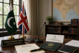 Formal desk with Pakistan and UK flags during Jemima Imran Khan human rights appeal to British government
