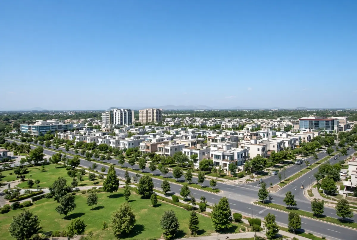 Aerial view of Jinnah Garden Housing Society in Islamabad showing residential plots and roads amid layout plan violations controversy