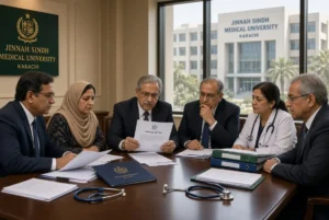 Faculty members of Jinnah Sindh Medical University review official letter during JSMU Faculty Protest against professor rehiring decision