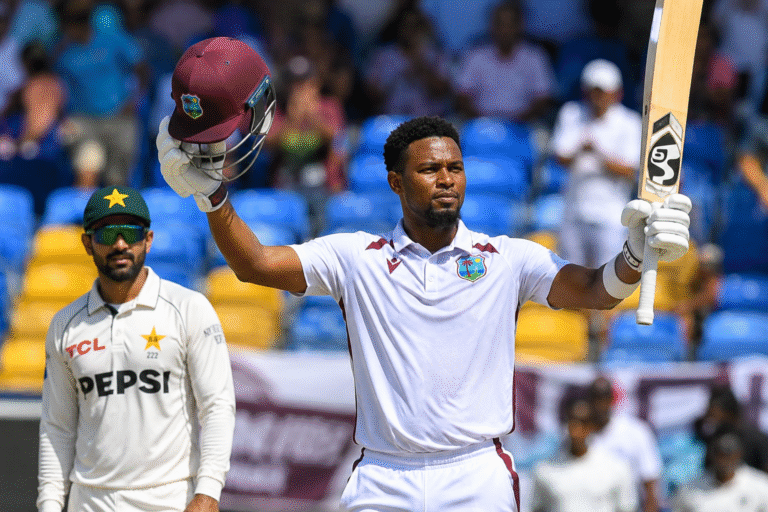 Justin Greaves celebrates his unbeaten half century for West Indies during the second Test against Pakistan.